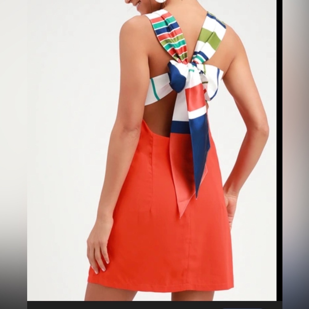 Lulus! Joyful Red Orange Multi Stripe Tie-back Mini Dress (never worn)
